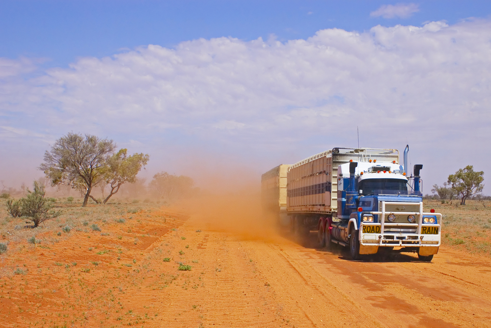 Road,Train,In,Outback,Queensland,,Australia,,Kicking,Up,Dust.